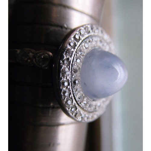 757 - Cabochon star sapphire and rose cut diamond target style ring, size N