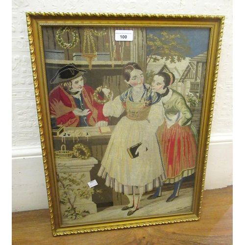 100 - 19th Century Berlin woolwork picture, figures in a street scene, 49cms x 36cms, gilt framed