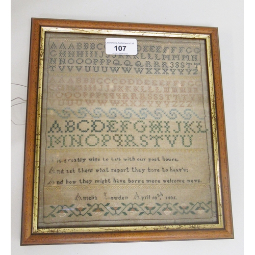 107 - Small early 19th Century alphabet sampler, dated 1806, 22cms x 20cms