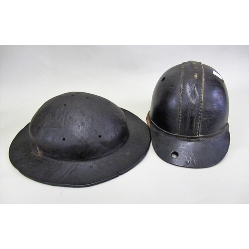 114 - 19th Century leather miners hat, together with another childs hat, dated 1885