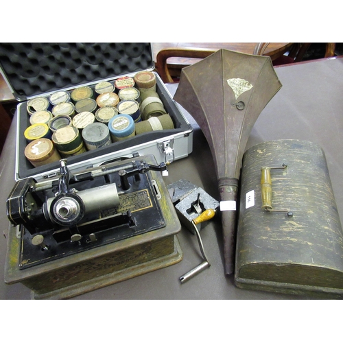 116 - Edison Standard phonograph in an oak case, with the original toleware horn and a quantity of cylinde... 