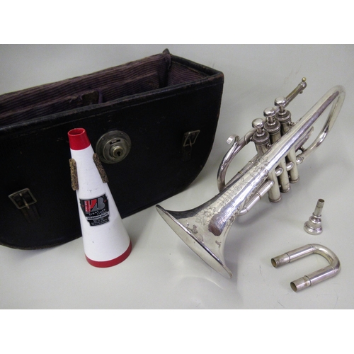 123 - Early 20th Century silvered brass cornet by Hawkes & Son, in the original fitted case