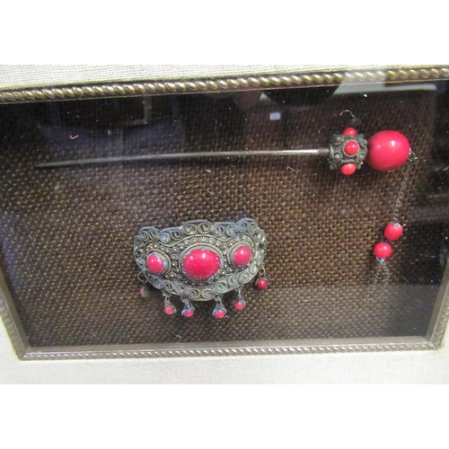 125 - Gilt framed display of Chinese glass and metal hair pins