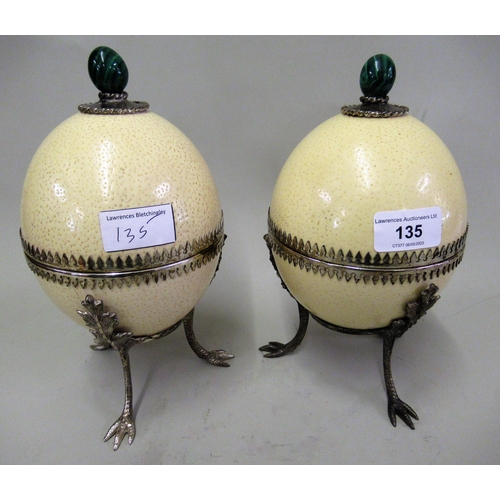 135 - Attributed to Anthony Redmile, pair of silver plate mounted ostrich egg boxes with malachite mounted... 