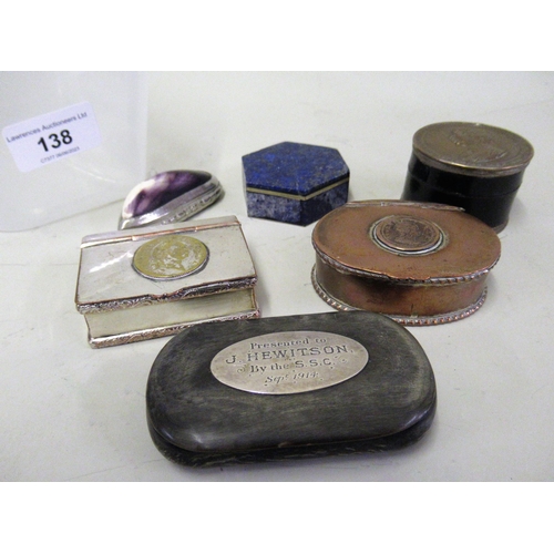 138 - Horn snuff box with white metal presentation plaque dated 1914, a copper coin inset snuff box, anoth... 