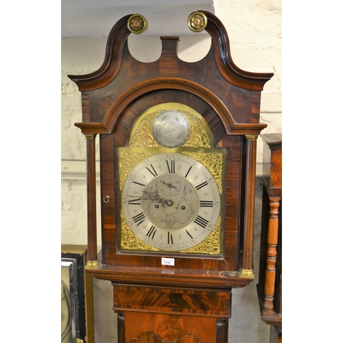 1432 - 19th Century mahogany longcase clock, the broken arch hood above a shaped and crossbanded panel door... 