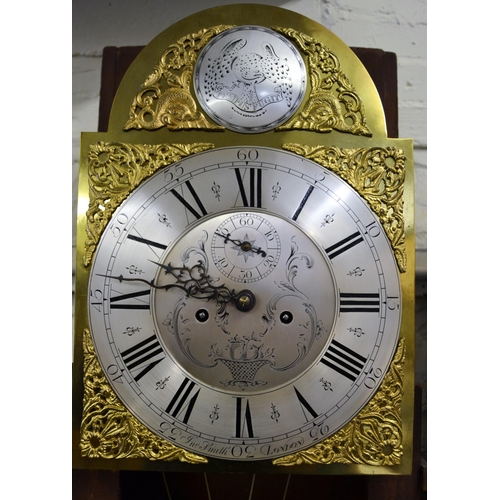 1432 - 19th Century mahogany longcase clock, the broken arch hood above a shaped and crossbanded panel door... 