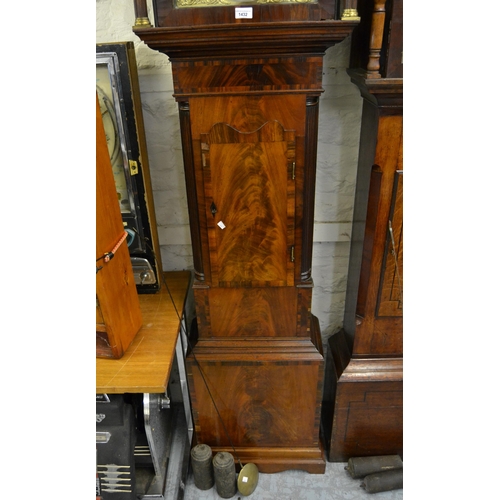 1432 - 19th Century mahogany longcase clock, the broken arch hood above a shaped and crossbanded panel door... 