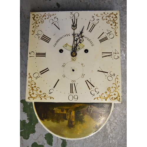 Two eight day longcase clock movements, complete with arched painted dials (12ins x 16ins), one with