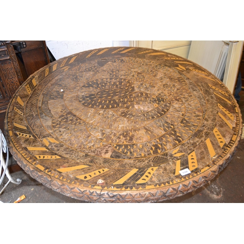 1784 - Unusual large African tribal hardwood circular centre table with marble inset top, 124cm diameter