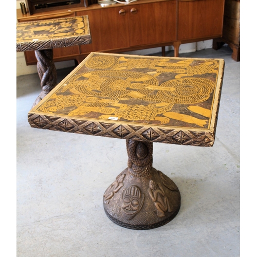 1786 - Unusual African carved wooden and marble inset dining table, 77cm square