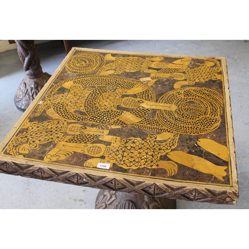 1786 - Unusual African carved wooden and marble inset dining table, 77cm square