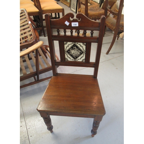 1789 - Victorian hall chair with tile inset back, an Arts & Crafts open bookcase and an oval wall mirror