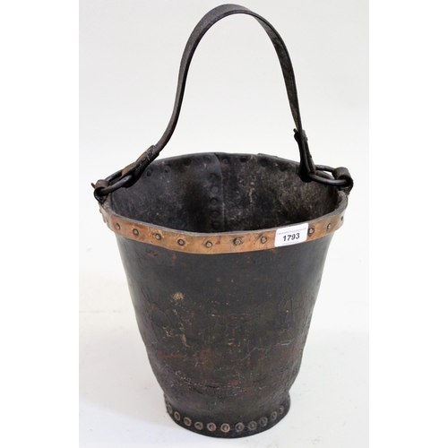 1793 - Antique leather and copper studded bucket with leather strap handle, 30cms high x 28cms diameter