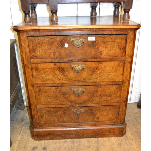 1795 - Small Victorian figured walnut chest, the moulded chamfered top above four drawers with brass handle... 