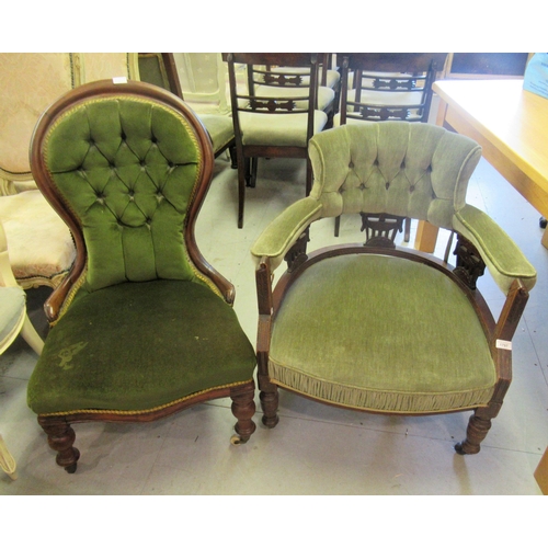 1797 - Late Victorian walnut and upholstered tub shaped chair on turned supports, together with a Victorian... 