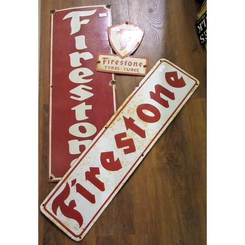 180 - Three various enamel advertising signs for Firestone Tyres, 91.5cms x 33cms, 23cms x 90cms and 30cms... 