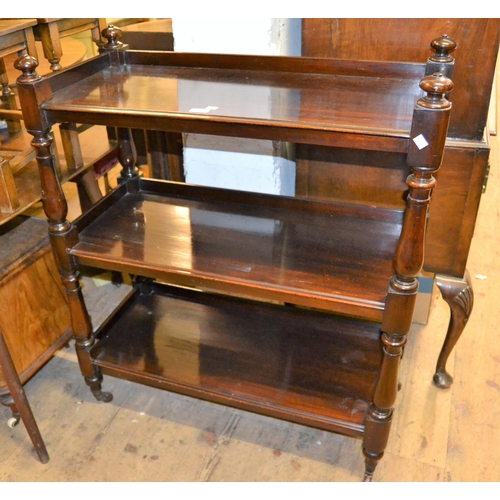 1801 - Victorian mahogany three tier buffet on turned supports, 89cms x 41cms x 104cms high