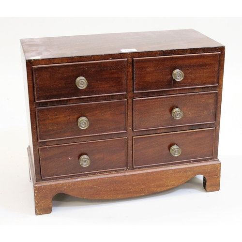 1808 - Miniature 19th Century mahogany chest of six small drawers, with brass handles on bracket feet, 51cm... 