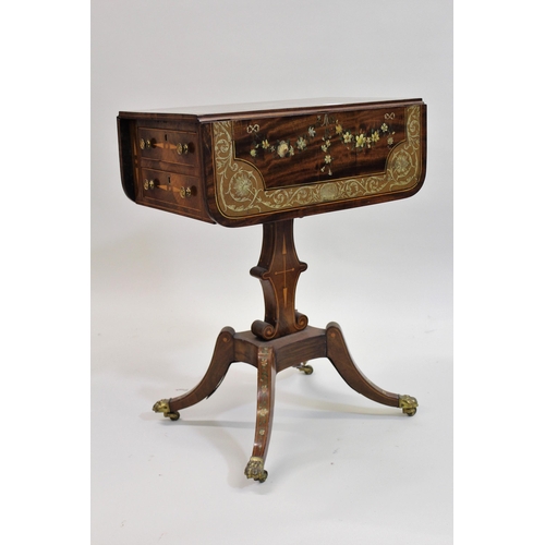 1809 - Regency mahogany inlaid and floral painted drop-leaf work table, with two end drawers, raised on sha... 