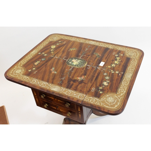 1809 - Regency mahogany inlaid and floral painted drop-leaf work table, with two end drawers, raised on sha... 