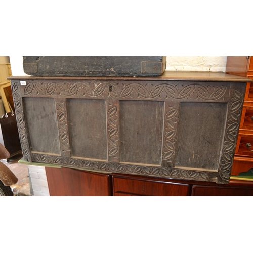 1813 - 17th Century oak coffer, with a four panelled front, (feet removed) 131cms x 53cms x 57cms high