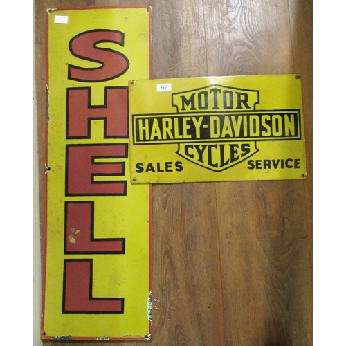 182 - Enamel advertising sign for ' Harley-Davidson Motorcycles ', 28cms x 45cms together with another,' S... 