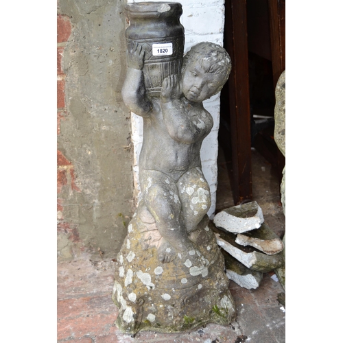 1820 - 20th Century weathered cast concrete birdbath, the pedestal in the form of a seated cherub holding a... 