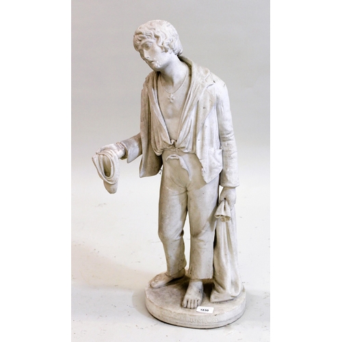 1830 - 19th Century Italian carved white marble figure a beggar boy, on an integral oval plinth base, inscr... 