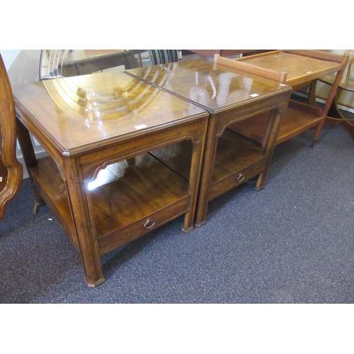 1834 - Pair of American cherry wood lamp tables, each with a single drawer to the undertier, 56cms square, ... 