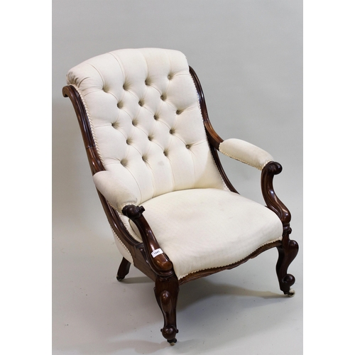 1841 - Victorian carved mahogany open arm drawing room chair, the button upholstered scroll back above shap... 