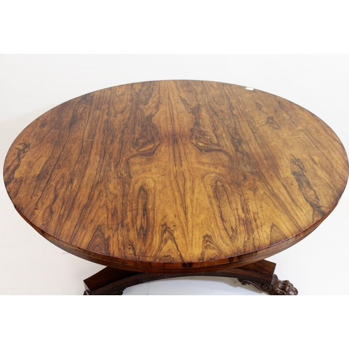 1844 - Victorian rosewood circular centre table, the tilt-top above a triple barley twist support and trian... 