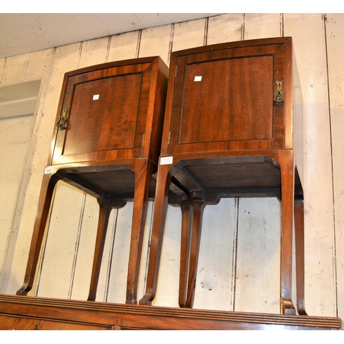 1849 - Pair of early 20th Century mahogany crossbanded and black line inlaid bedside cabinets, each with a ... 