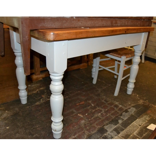 1850 - Small Victorian style pine kitchen table with painted base, together with four matching painted chai... 