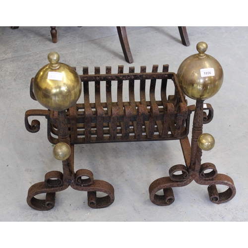 1856 - Pair of iron and brass firedogs, with basket