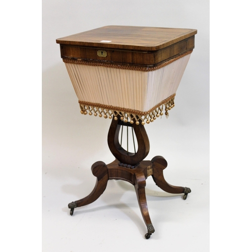 1869 - Regency rectangular rosewood brass inlaid work table on lyre column and quadruped splay support