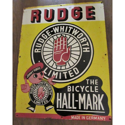 187 - Large enamel advertising sign for ' Rudge-Whitworth Limited Bicycles ', 61cms x 46cms