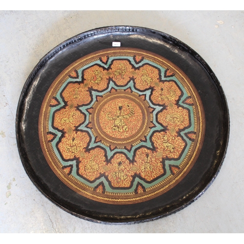 1873 - Large Far Eastern circular painted wall plaque, constructed from palm leaves