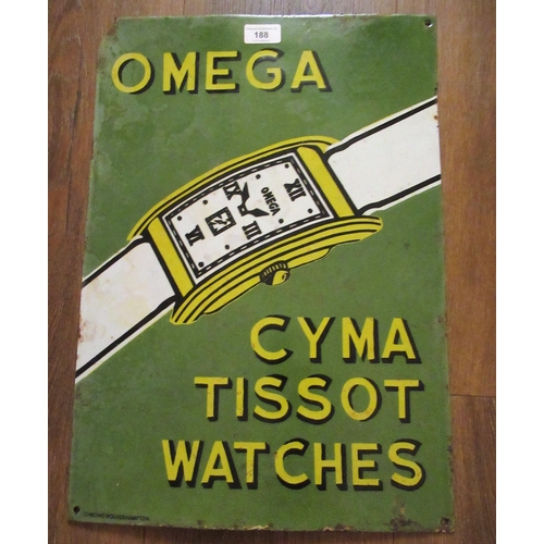 188 - Enamel advertising sign for ' Omega Syma and Tissot Watches ', 51cms x 36cms