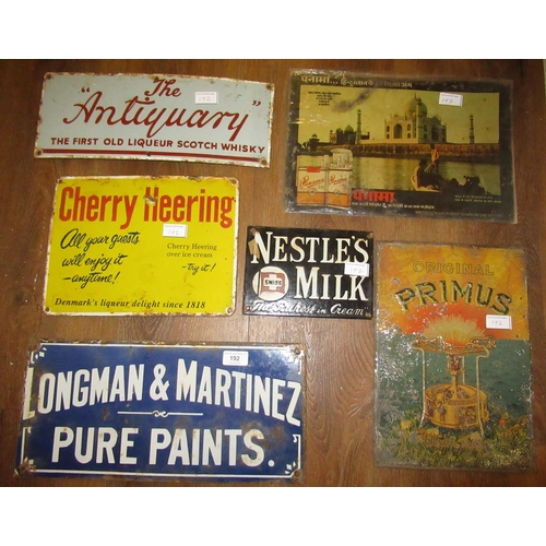 192 - Small enamel advertising sign for ' Longman and Martinez Pure Paints ', 20cms x 43cms, another ' Che... 