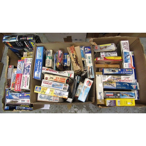 205 - Three boxes containing a large quantity of various plastic model aircraft kits, including Airfix, Re... 