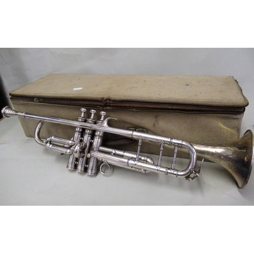 212 - French nickel plated brass trumpet by Aubertin, in original case