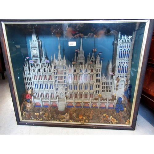 233 - Early 20th Century wooden fretwork diorama of The Palace of Westminster, housed in a glazed case, 79... 