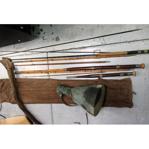 261 - Group of three various fishing rods and an Eastern copper water pot