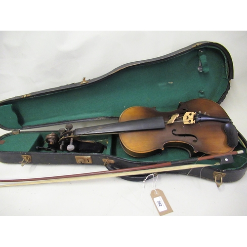 262 - Japanese violin and bow, 14in two piece back in fitted case (at fault)