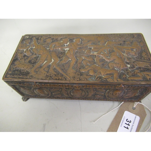 311 - Unusual copper silver plated box depicting World War I battle scene, embossed ' Who Stands If Freedo... 