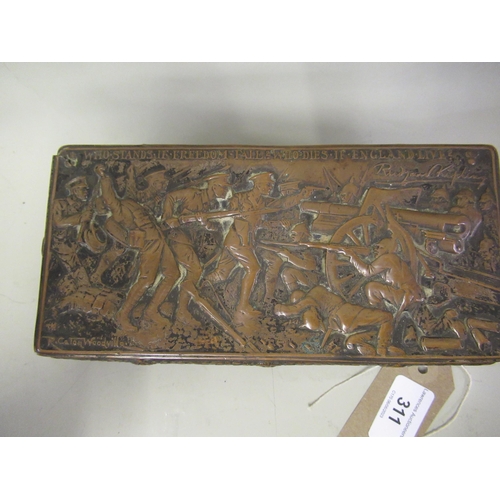 311 - Unusual copper silver plated box depicting World War I battle scene, embossed ' Who Stands If Freedo... 