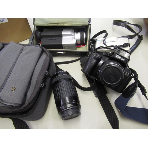 332 - Canon EOS camera outfit, together with a Sankyo cine camera, and an Olympus TTL camera