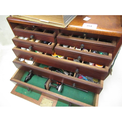 354 - Mahogany and brass mounted table cabinet housing a collection of fly tying related materials and too... 