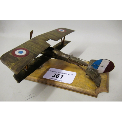 361 - Trench Art, a small scratch built model of a bi-plane with RAF markings, formed from a 303 bullet, t... 